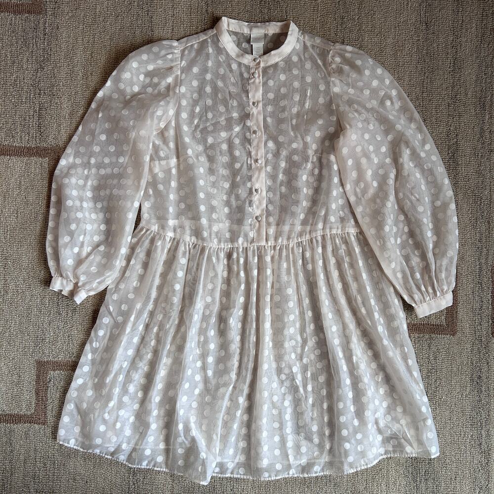 Sheer Polka Dot Babydoll Dress Ivory Puff Sleeve Light Academia Victorian M
